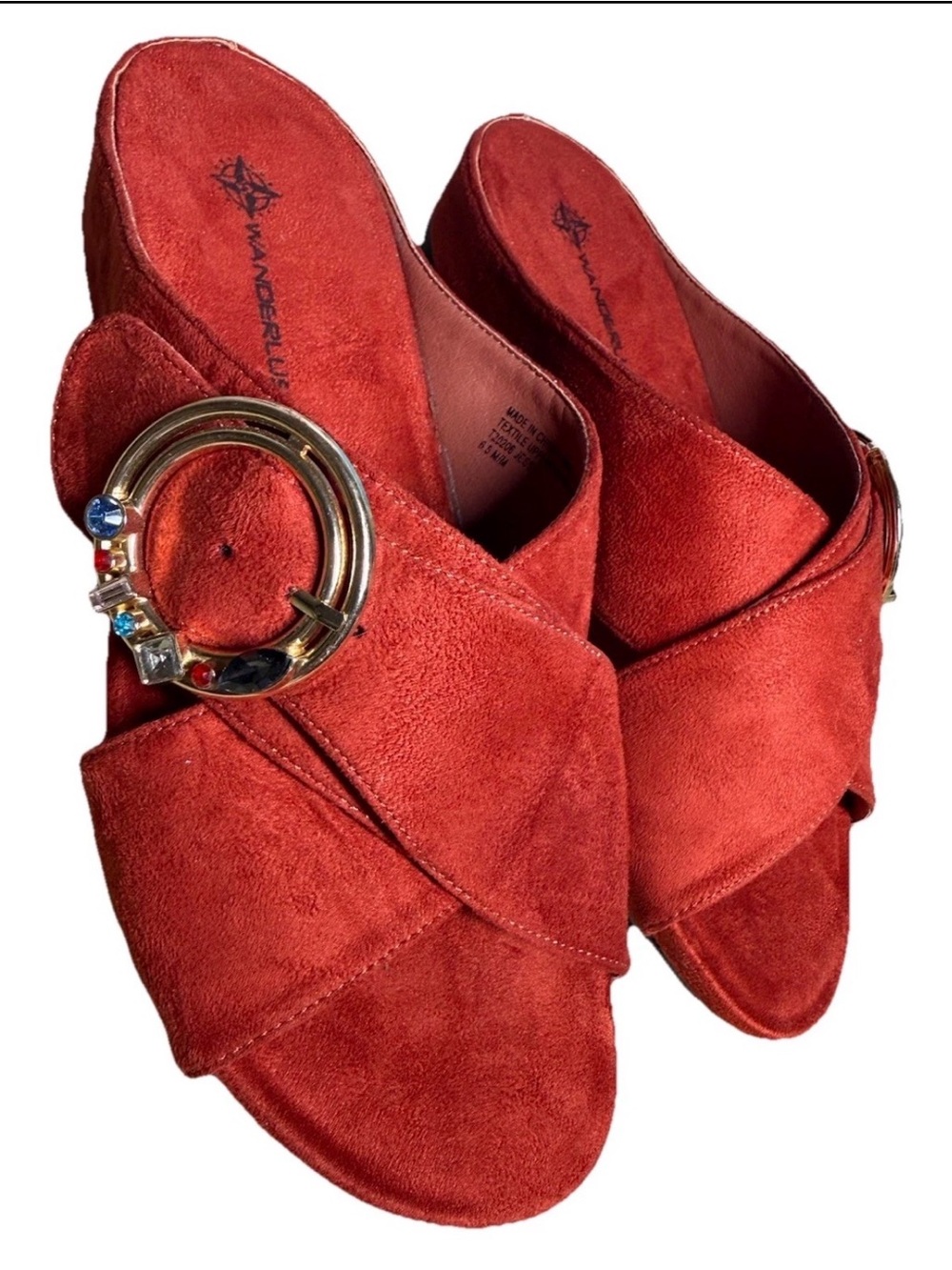 Wanderlust Red Suede Cross‑Strap Slide Mules with Gold Buckle